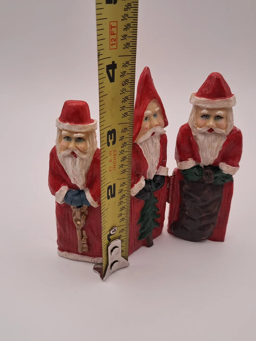 ​Vintage Hand Painted Santa Triptych Hinged Wooden Figurine Set Signed Becky 97